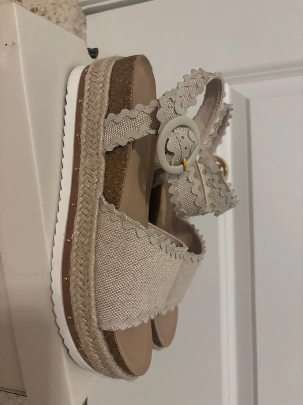 Neutral Beige Espadrille Platform Sandals with Scalloped Straps
